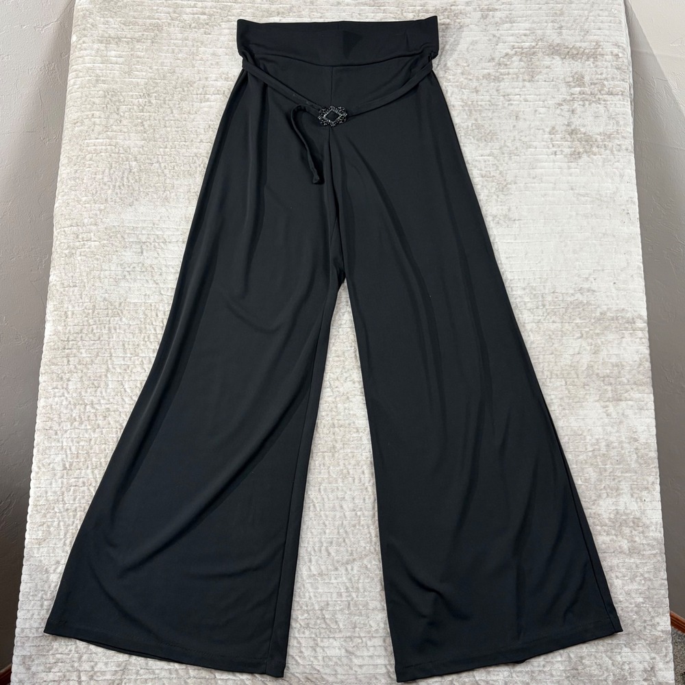 Lauren Ralph Lauren Black Wide Leg Belted Dress Pants Rhinestone Buckle XS